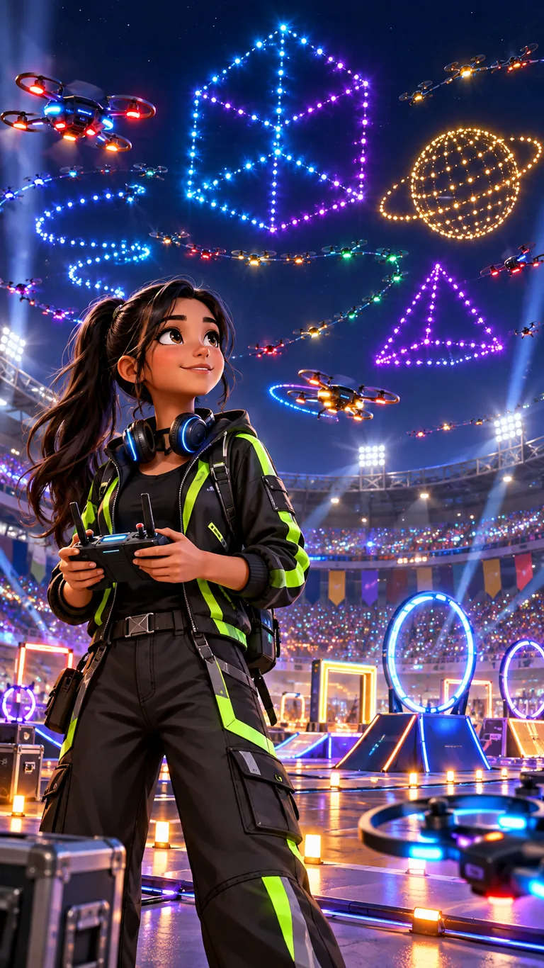 Yasmine, jeune pilote de drones de 17 ans, dans un grand stade la nuit