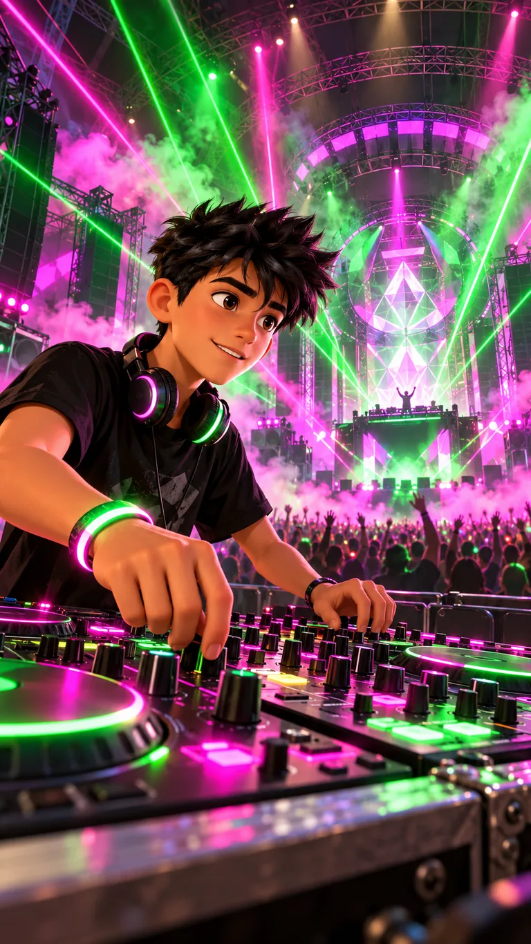 Noah, jeune technicien lumière, aux commandes des lasers d'une grande salle de concert