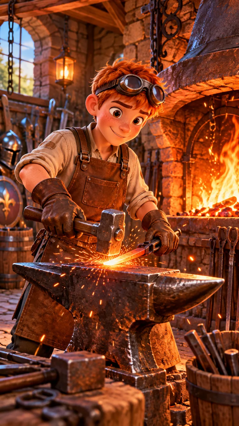 Ewan, apprenti forgeron de 17 ans, devant l'enclume d'une forge ancienne