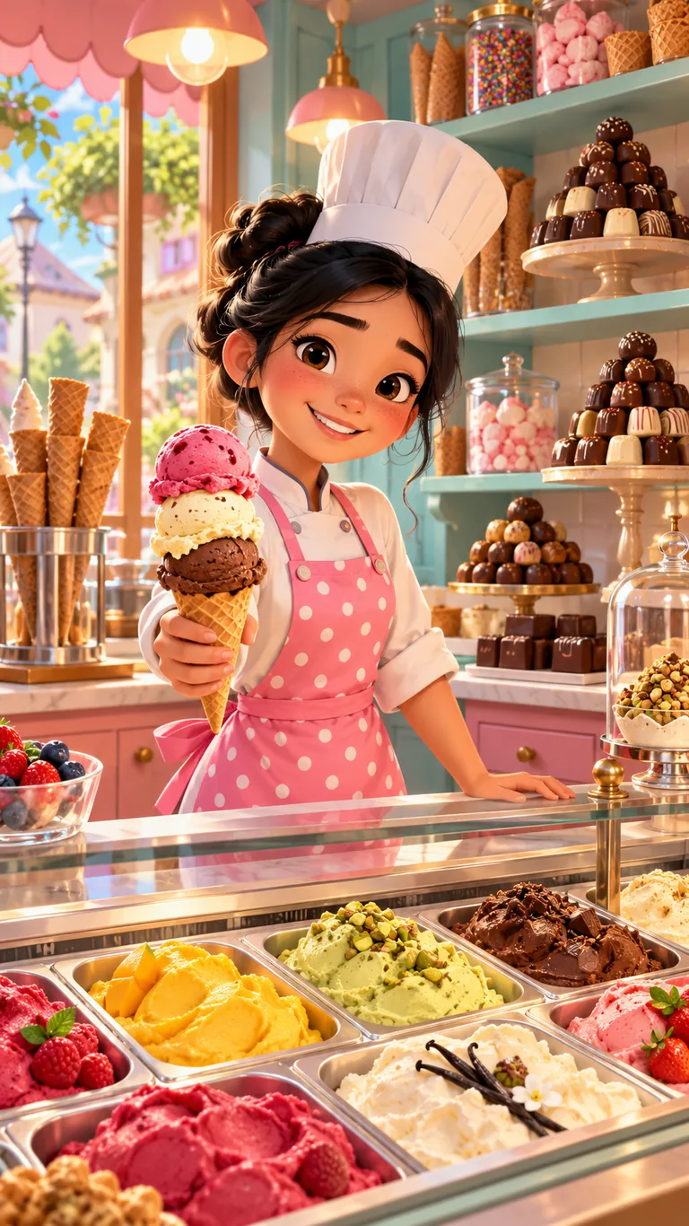 Céleste, jeune glacière de 13 ans, dans la boutique de glaces de sa tante
