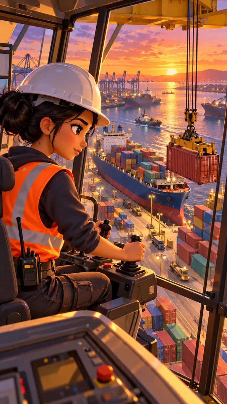 Nadia, stagiaire grutière de 16 ans, dans la cabine d'une grue géante d'un port de commerce