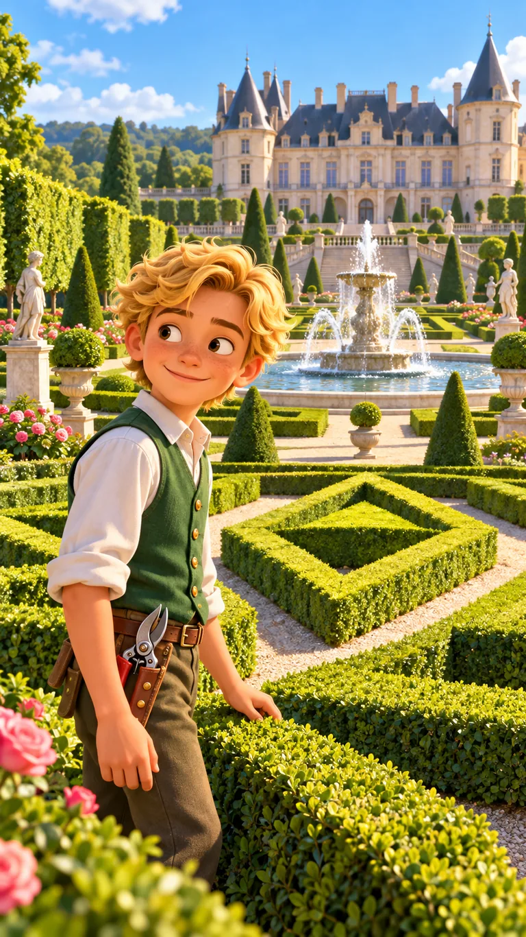 Victor, apprenti jardinier de 12 ans, dans les jardins à la française d'un château
