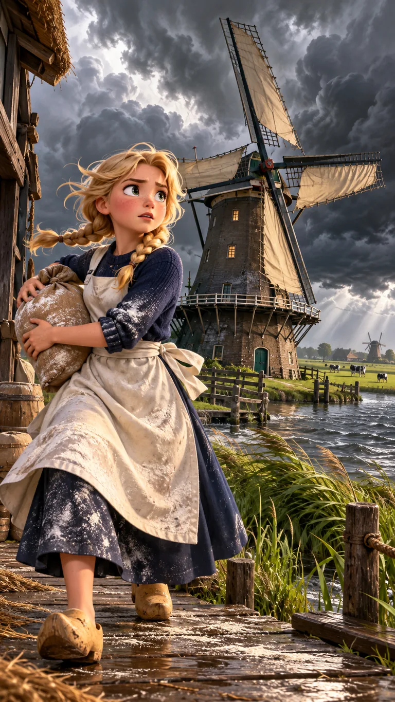 Femke, jeune meunière de 14 ans, devant un moulin à vent au bord d'un polder hollandais