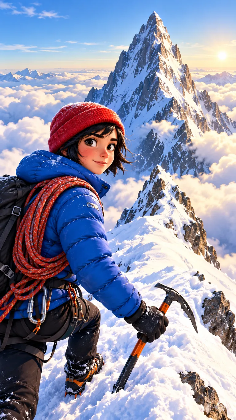 Tessa, jeune alpiniste, au pied d’un sommet enneigé perdu dans les nuages