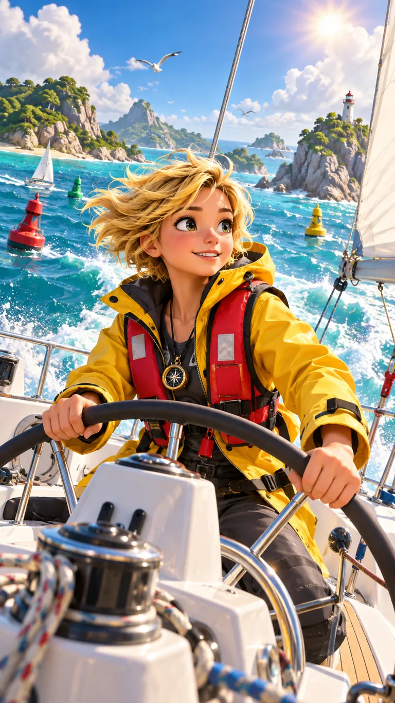 Morgane, jeune skippeuse, à la barre de son voilier en pleine mer
