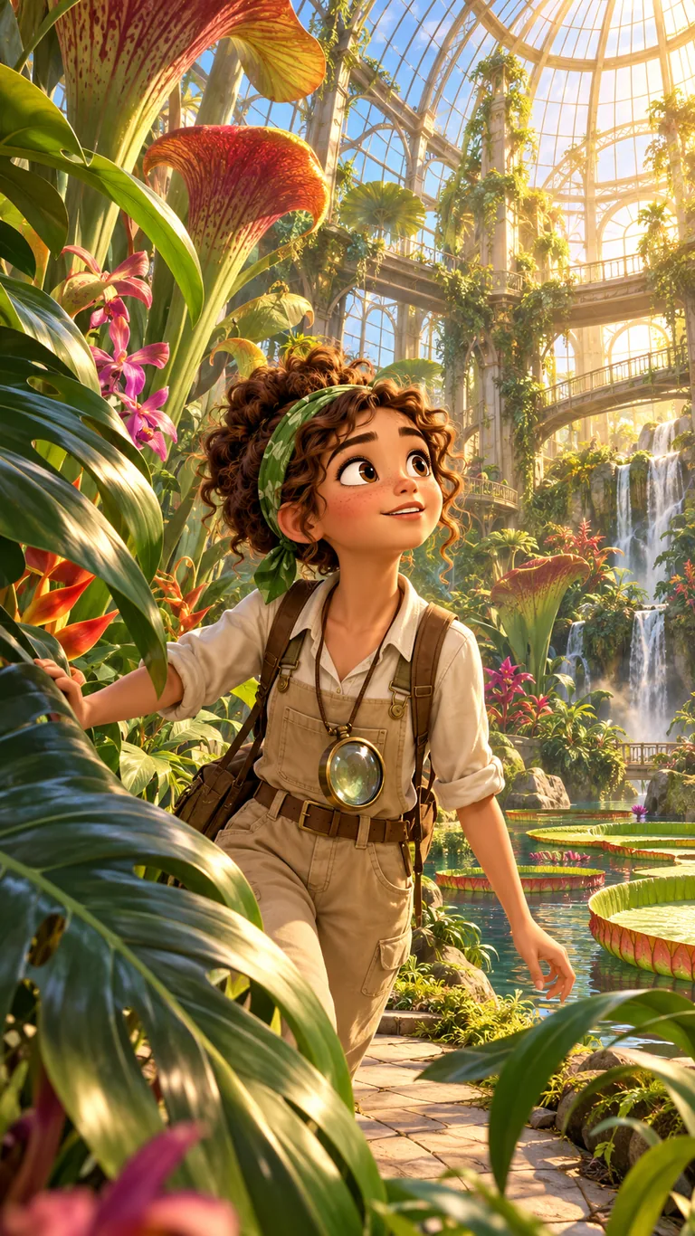 Anouk, jeune botaniste de 15 ans, dans une immense serre tropicale