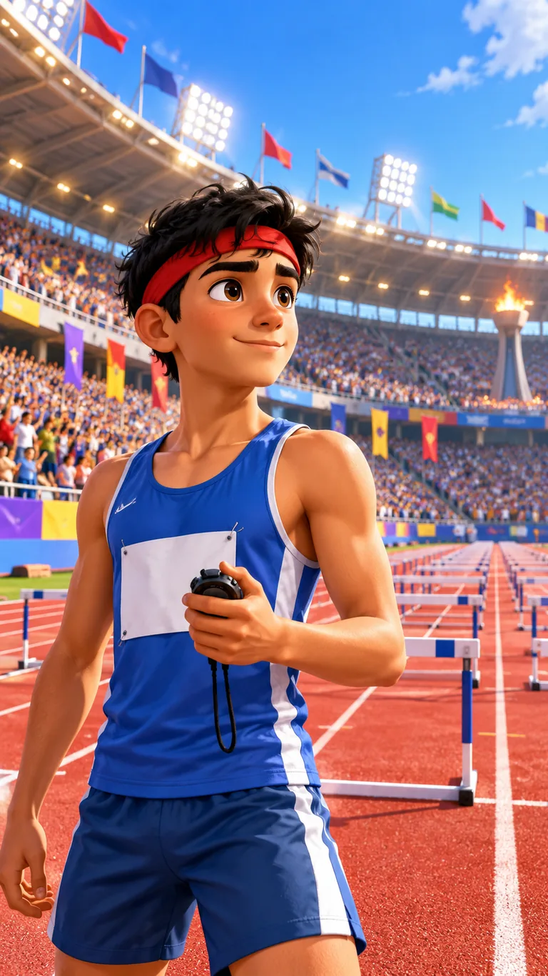 Wassim, jeune sprinteur, sur la piste d'athlétisme d'un grand stade