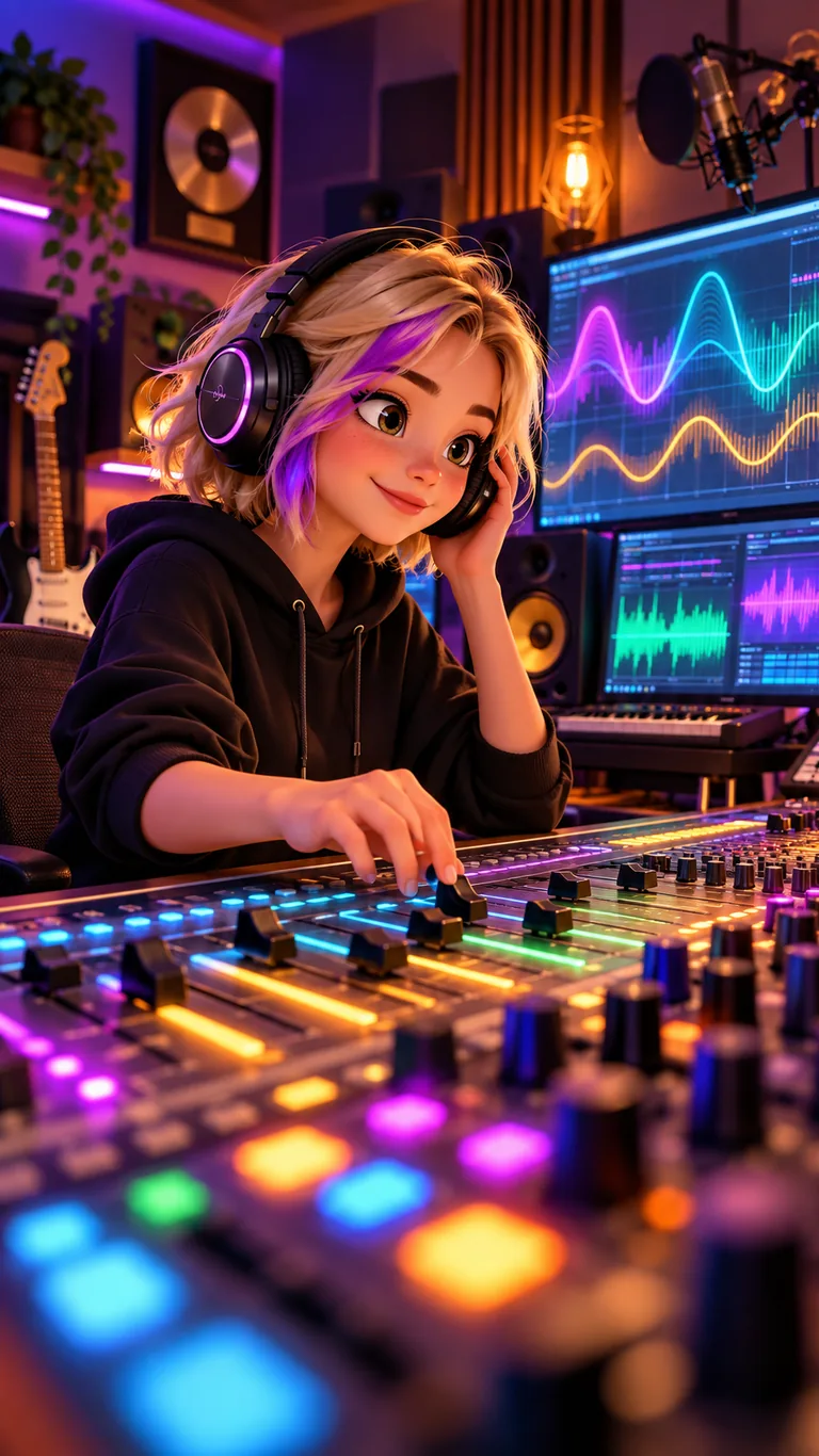 Clara, jeune ingénieure du son de 17 ans, dans un studio d'enregistrement