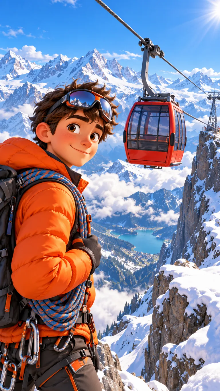 Ruben, jeune guide de haute montagne de 14 ans, au pied d'un téléphérique