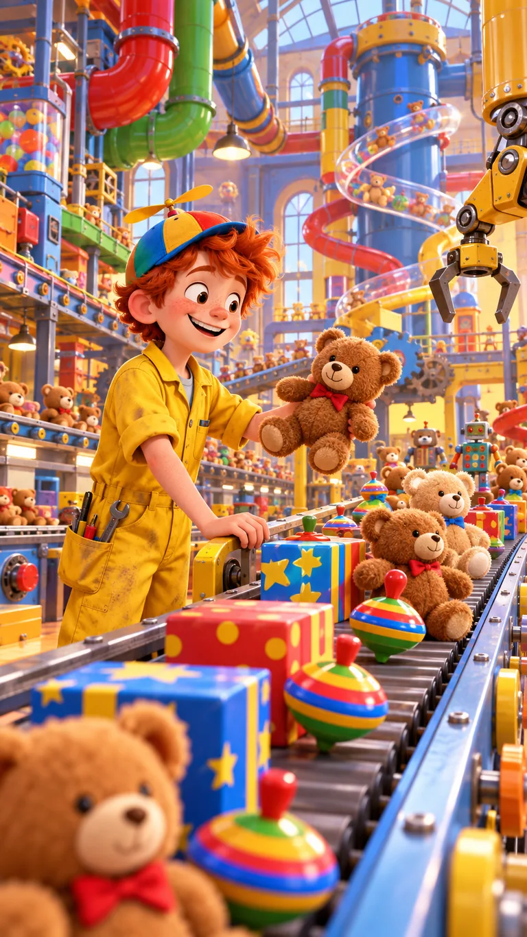 Augustin, apprenti fabricant de jouets de 11 ans, dans une usine de jouets colorée