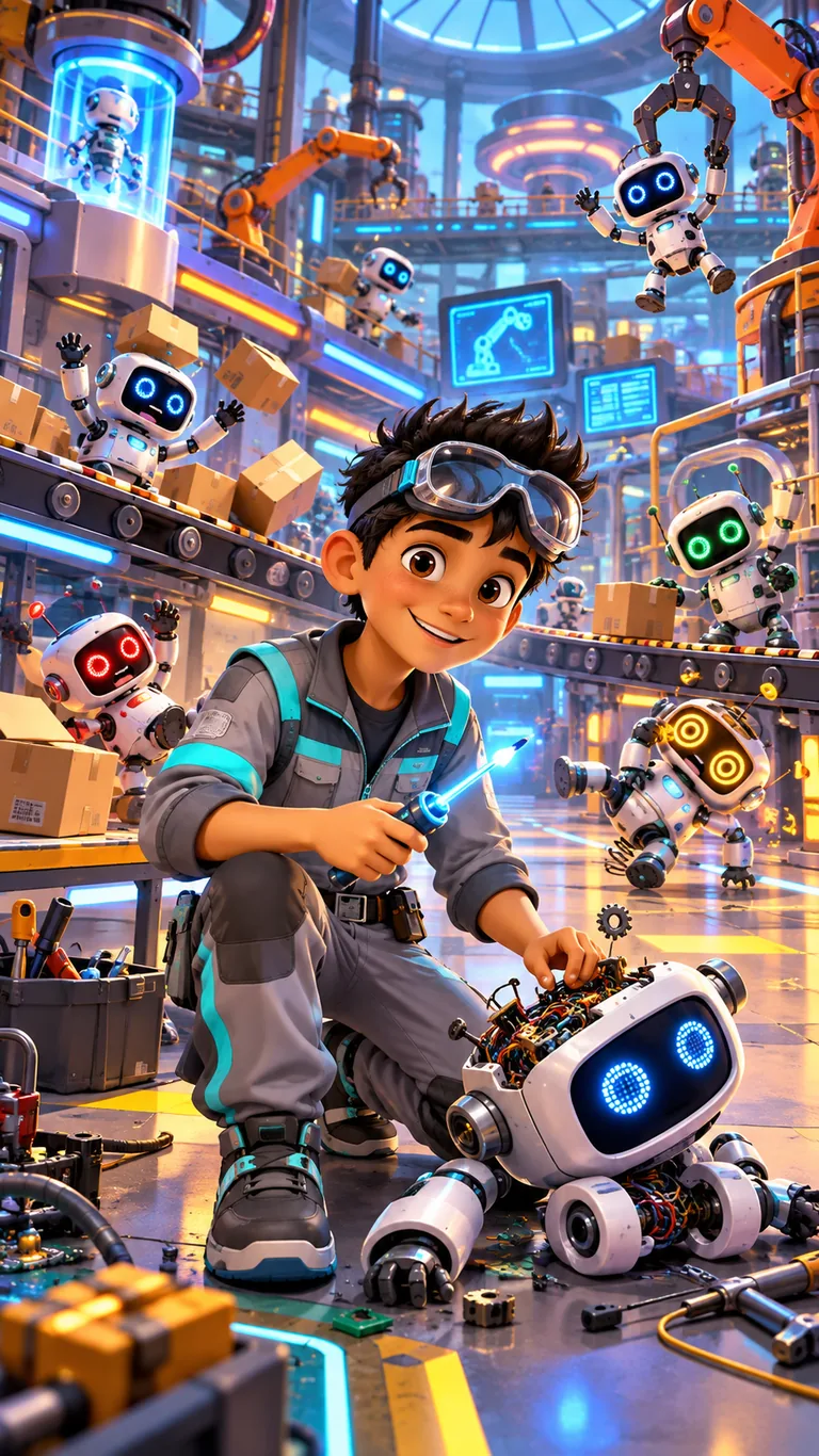 Ilyès, jeune roboticien, dans une usine futuriste pleine de robots détraqués