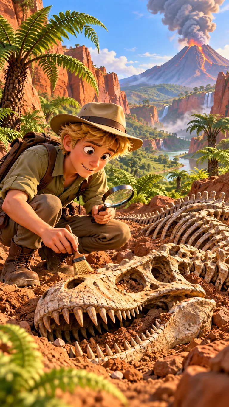 Marius, jeune paléontologue, dans une vallée préhistorique pleine de fossiles