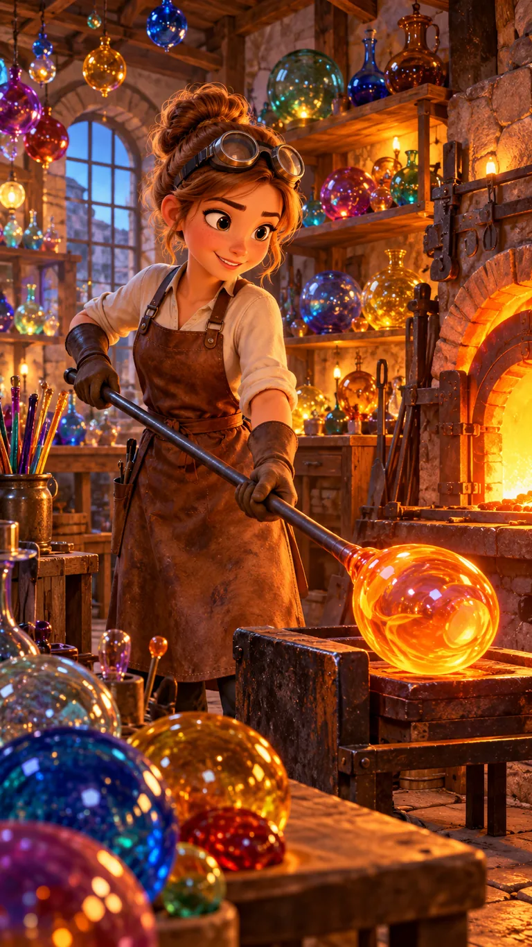 Axelle, jeune souffleuse de verre, dans l'atelier de verrerie de sa grand-mère