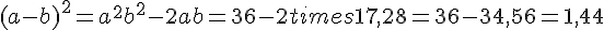 (a-b)^2=a^2+b^2-2ab=36-2times  17{,}28=36-34{,}56=1{,}44