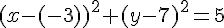 (x-(-3))^2+(y-7)^2=5