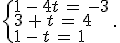 \{%0D%0A\begin{array}{l}%0D%0A1\,-\,4t\,=\,-3\,\\%0D%0A3\,%2B\,t\,=\,4\,\\%0D%0A1\,-\,t\,=\,1%0D%0A\end{array}%0D%0A.