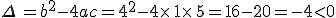 \Delta =b^2-4ac=4^2-4\times   1\times   5=16-20=-4<0