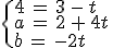 \begin{cases}%0D%0A4\,=\,3\,-\,t\,\\%0D%0Aa\,=\,2\,%2B\,4t\,\\%0D%0Ab\,=\,-2t%0D%0A\end{cases}