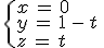 \begin{cases}%0D%0Ax\,=\,0\,\\%0D%0Ay\,=\,1\,-\,t\,\\%0D%0Az\,=\,t%0D%0A\end{cases}