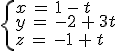 \begin{cases}%0D%0Ax\,=\,1\,-\,t\,\\%0D%0Ay\,=\,-2\,%2B\,3t\,\\%0D%0Az\,=\,-1\,%2B\,t\,\\%0D%0A\end{cases}