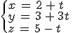 \begin{cases}%0D%0Ax\,=\,2\,%2B\,t\,\\%0D%0Ay\,=\,3\,%2B\,3t\,\\%0D%0Az\,=\,5\,-\,t%0D%0A\end{cases}