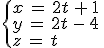 \begin{cases}%0D%0Ax\,=\,2t\,%2B\,1\,\\%0D%0Ay\,=\,2t\,-\,4\,\\%0D%0Az\,=\,t%0D%0A\end{cases}