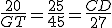 \frac{20}{GT}=\frac{25}{45}=\frac{CD}{27}