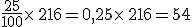 \frac{25}{100}\times   216=0,25\times   216=54\,\euro