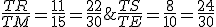 \frac{TR}{TM}=\frac{11}{15}=\frac{22}{30};\frac{TS}{TE}=\frac{8}{10}=\frac{24}{30}