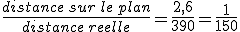 \frac{distance\,sur\,le\,plan}{distance\,reelle}=\frac{2,6}{390}=\frac{1}{150}