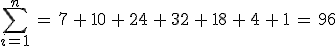 \sum_{i=1}^{n}\,=\,7\,%2B\,10\,%2B\,24\,%2B\,32\,%2B\,18\,%2B\,4\,%2B\,1\,=\,96