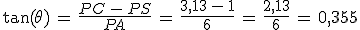 \tan(\theta)\,=\,\frac{PC\,-\,PS}{PA}\,=\,\frac{3%2C13\,-\,1}{6}\,=\,\frac{2%2C13}{6}\,=\,0%2C355