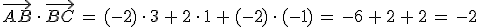 \vec{AB}\,\cdot\,\vec{BC}\,=\,(-2)\,\cdot\,3\,%2B\,2\,\cdot\,1\,%2B\,(-2)\,\cdot\,(-1)\,=\,-6\,%2B\,2\,%2B\,2\,=\,-2