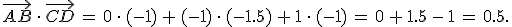 \vec{AB}\,\cdot\,\vec{CD}\,=\,0\,\cdot\,(-1)\,%2B\,(-1)\,\cdot\,(-1.5)\,%2B\,1\,\cdot\,(-1)\,=\,0\,%2B\,1.5\,-\,1\,=\,0.5.