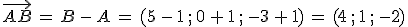 \vec{AB}\,=\,B\,-\,A\,=\,(5\,-\,1\,%3B\,0\,%2B\,1\,%3B\,-3\,%2B\,1)\,=\,(4\,%3B\,1\,%3B\,-2)