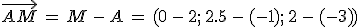 \vec{AM}\,=\,M\,-\,A\,=\,(0\,-\,2%3B\,2.5\,-\,(-1)%3B\,2\,-\,(-3))