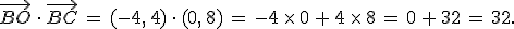 \vec{BO}\,\cdot\,\vec{BC}\,=\,(-4%2C\,4)\,\cdot\,(0%2C\,8)\,=\,-4\,\times  \,0\,%2B\,4\,\times  \,8\,=\,0\,%2B\,32\,=\,32.