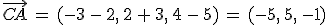 \vec{CA}\,=\,(-3\,-\,2%2C\,2\,%2B\,3%2C\,4\,-\,5)\,=\,(-5%2C\,5%2C\,-1)