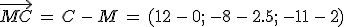 \vec{MC}\,=\,C\,-\,M\,=\,(12\,-\,0%3B\,-8\,-\,2.5%3B\,-11\,-\,2)