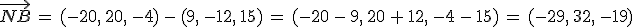 \vec{NB}\,=\,(-20%2C\,20%2C\,-4)\,-\,(9%2C\,-12%2C\,15)\,=\,(-20\,-\,9%2C\,20\,%2B\,12%2C\,-4\,-\,15)\,=\,(-29%2C\,32%2C\,-19)
