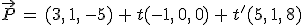 \vec{P}\,=\,(3%2C\,1%2C\,-5)\,%2B\,t(-1%2C\,0%2C\,0)\,%2B\,t'(5%2C\,1%2C\,8)