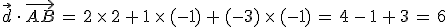 \vec{d}\,\cdot\,\vec{AB}\,=\,2\,\times  \,2\,%2B\,1\,\times  \,(-1)\,%2B\,(-3)\,\times  \,(-1)\,=\,4\,-\,1\,%2B\,3\,=\,6
