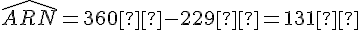 \widehat{ARN} = 360° - 229° = 131°