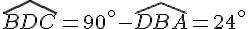 \widehat{BDC} = 90^\circ - \widehat{DBA} = 24^\circ