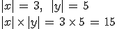 %7Cx%7C\,=\,3%2C\,\quad\,%7Cy%7C\,=\,5\,\\%0D%0A%7Cx%7C\,\times  \,%7Cy%7C\,=\,3\,\times  \,5\,=\,15