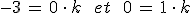 -3\,=\,0\,\cdot\,k\,\quad\,et\,\quad\,0\,=\,1\,\cdot\,k