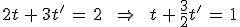 2t\,%2B\,3t'\,=\,2\,\quad\,\Rightarrow\,\quad\,t\,%2B\,\frac{3}{2}t'\,=\,1