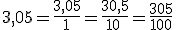 3,05=\frac{3,05}{1}=\frac{30,5}{10\,}=\frac{305}{100}