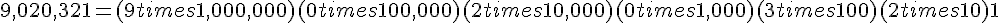 9,020,321=(9times  1,000,000)+(0times  100,000)+(2times  10,000)+(0times  1,000)+(3times  100)+(2times  10)+1