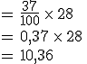 =\,\frac{37}{100}\,\times  \,28\,\\%0D%0A=\,0{%2C}37\,\times  \,28\,\\%0D%0A=\,10{%2C}36